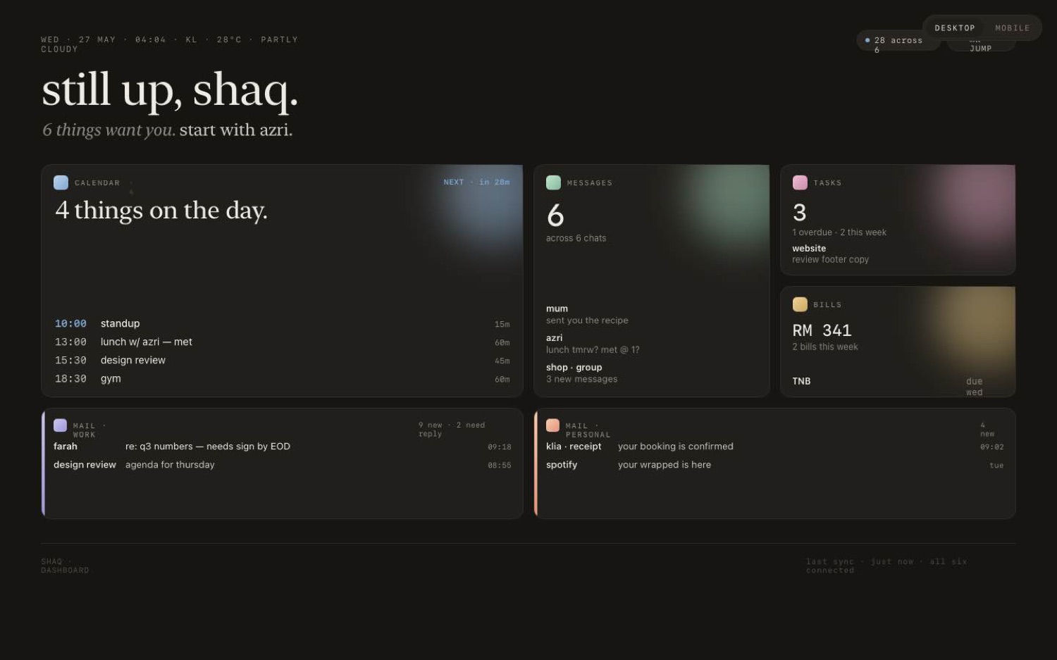 Personal dashboard — desktop view