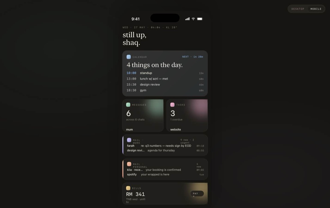 Personal dashboard — mobile view